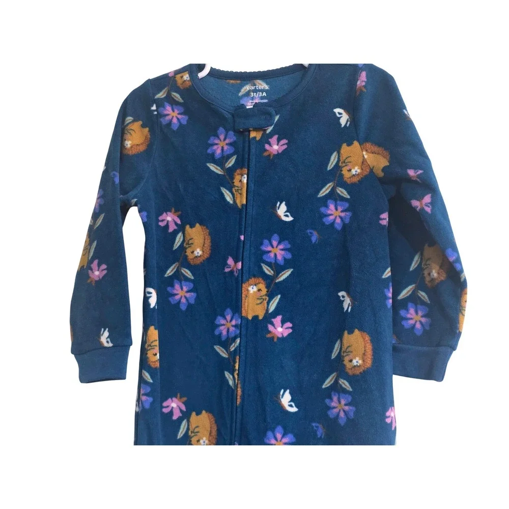 Carters Toddler Girls 3T Navy Blue Fleece Hedgehog Floral Footed Pajamas Sleeper